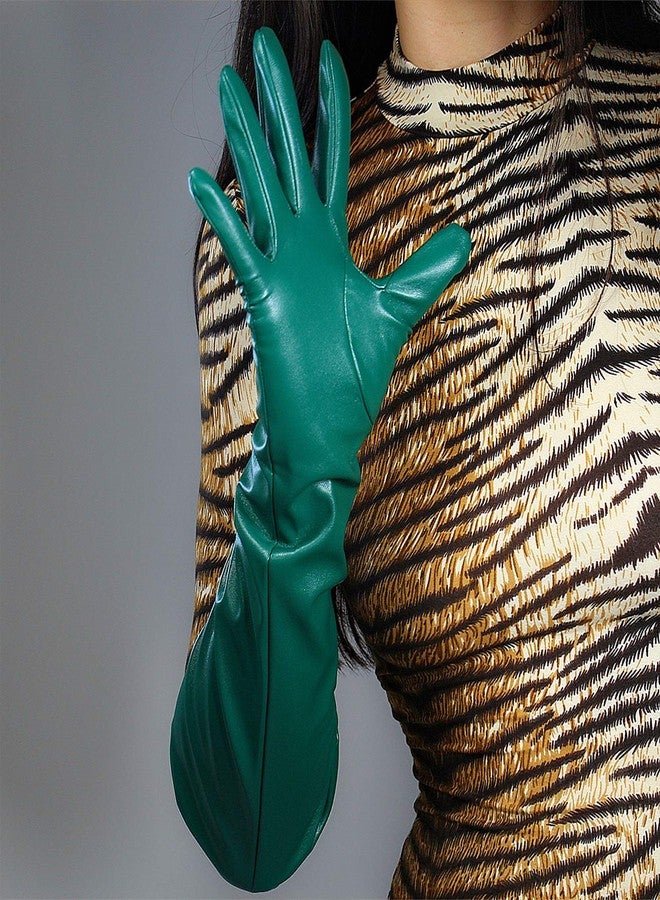 DooWay Women Long Leather Gloves Faux Lambskin PU 20-inches Kelly Green Wide Sleeves Elbow-Length Gauntlet Gloves - Image 5